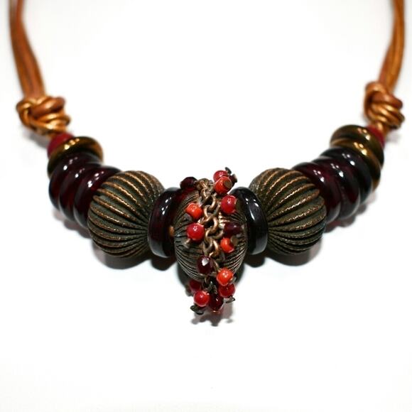 Chico’s Copper Leather Necklace Red Brown Beads Fringe Detail 5 Strands - Picture 6 of 9